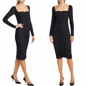 PatBO Beaded Ruched Stretch Tulle Sweetheart Neckline Long Sleeve Midi Dress NEW